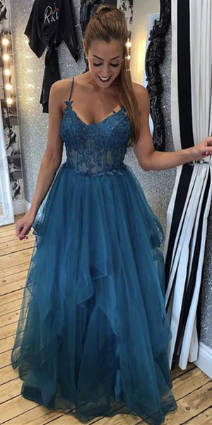 Spaghetti Long A-line Lace Tulle Prom Dresses, Long Prom Dresses, Popular Prom Dresses