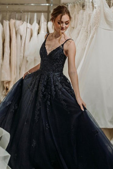 V-neck Black Lace Tulle Prom Dresses, A-line Prom Dresses, Newest Prom Dresses, Appliques Prom Dresses