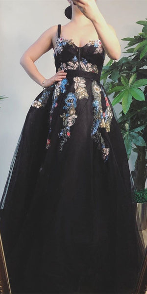 Straps Long Prom Dresses, Black Prom Dresses, A-line Prom Dresses, Lace Prom Dresses, 2021 Prom Dresses