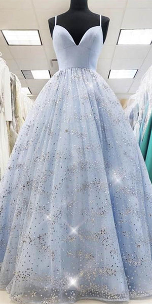 Long A-line Light Blue Sequin Tulle Prom Dresses, Long Prom Dresses, 2020 Popular Prom Dresses