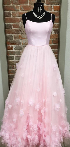 Light Pink Satin Tulle Prom Dresses, 3D Floral Prom Dresses, Popular 2020 Prom Dresses