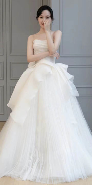 Strapless Tulle Organza Wedding Dresses, Romantic Long Wedding Dresses, Bridal Gown