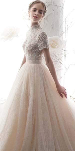 High Neck Long A-line Beaded Sequin Wedding Dresses, Lace Tulle Wedding Dresses, Bridal Gown