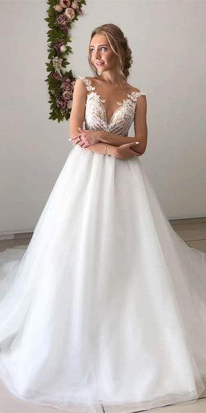 Sleeveless Long A-line Light Ivory Tulle Lace Wedding Dresses, Bridal Gown, Long Bridal Gown