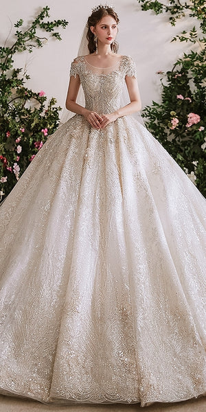 Cap Sleeves Luxury Beaded Tulle Wedding Dresses, Long Train Bridal Gown, High Quality Wedding Dresses