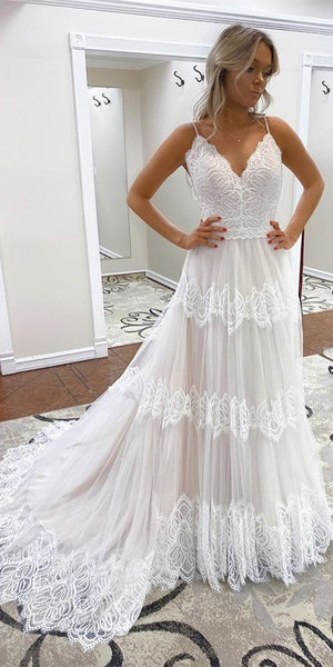 Spaghetti Long A-line Ivory Lace Tulle Wedding Dresses, Popular Wedding Dresses, Bridal Gown