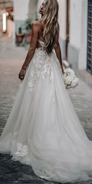 Strapless Long A-line Ivory Lace Tulle Wedding Dresses, Romantic Wedding Gown, Long Wedding Dresses