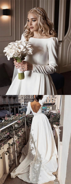 Round Neck Long Sleeves Jersey Wedding Dresses, Simple Elegant Wedding Dresses, Bridal Gown