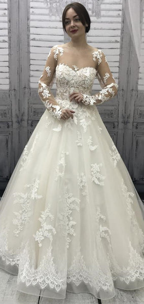 Long Sleeves A-line Lace Tulle Wedding Dresses, Illusion Wedding Dresses, Ivory Wedding Dresses