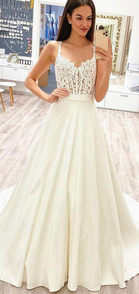 Straps Long A-line Ivory Satin Lace Wedding Dresses, Elegant Long Wedding Dresses, Long Wedding Dresses