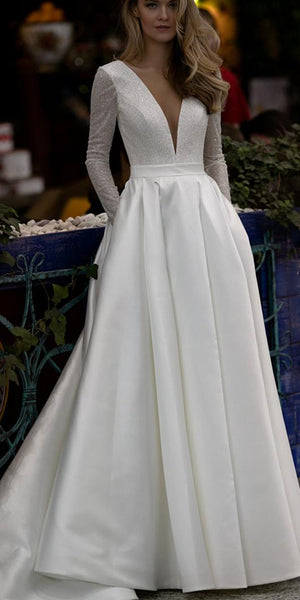 V-neck Long Sleeves Sparkle Satin Wedding Dresses, Elegant Wedding Dresses, Bridal Gown