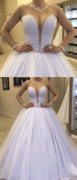 Long Sleeves Beaded Tulle Wedding Dresses, Ball Gown Wedding Dresses, Long Wedding Dresses
