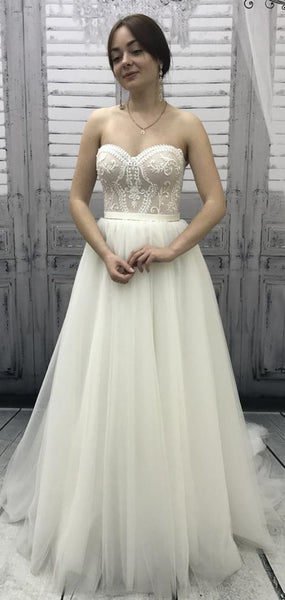 Sweetheart Long A-line Lace Tulle Wedding Dresses, Simple Eleagnt Wedding Dresses, Long Wedding Dresses