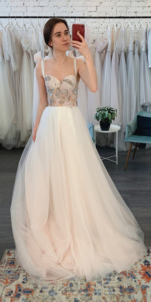 Straps Long A-line Lace Tulle Wedding Dresses, Romantic Wedding Dresses, Long Wedding Dresses