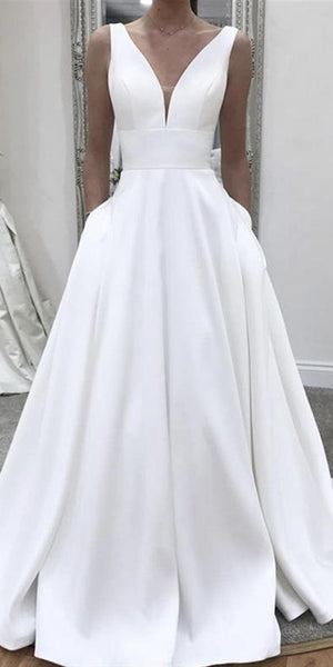 V-neck Long A-line Wedding Dresses, Simple Satin Wedding Dresses, Bridal Gown