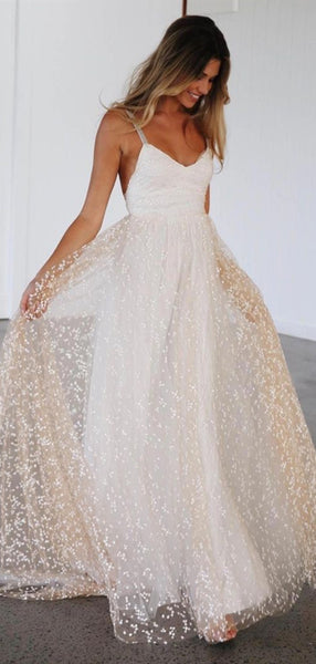 Straps Sequin Tulle Wedding Dresses, Boho Wedding Dresses, Long Wedding Dresses, Newest Wedding Dresses