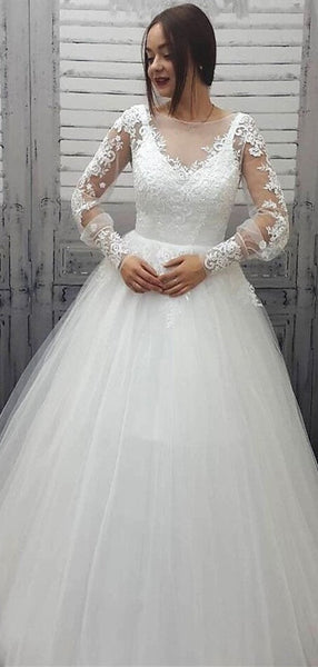 Long Sleeves Ivory Lace Tulle Wedding Dresses, Fluffy Wedding Dresses, Long Wedding Dresses