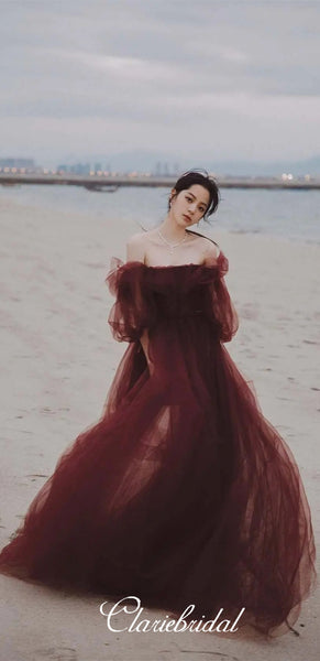 Off Shoulder Long A-line Prom Dresses, Maroon Tulle Prom Dresses, Fluffy Long Prom Dresses