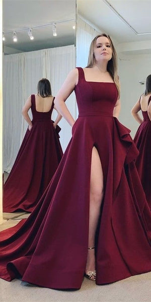 Long A-line Prom Dresses, Maroon Prom Dresses, Satin Prom Dresses, 2021 Prom Dresses, Cheap Prom Dresses