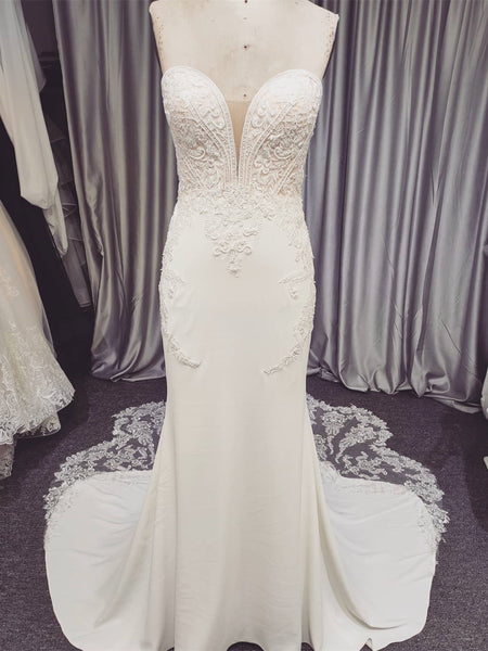 Sweetheart Long Mermaid Wedding Dresses, Lace Jersey Wedding Dresses, Long Wedding Dresses, Bridal Gown