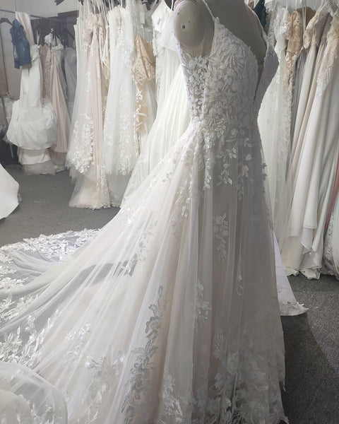 Spaghetti Long Lace Wedding Dresses, Romantic Wedding Dresses, A-line Wedding Dresses, Long Wedding Dresses, Bridal Gown