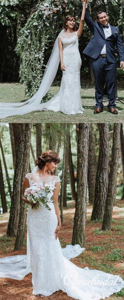 Cap Sleeves iIlusion Lace Mermaid Tulle Wedding Dresses, Bridal Gown