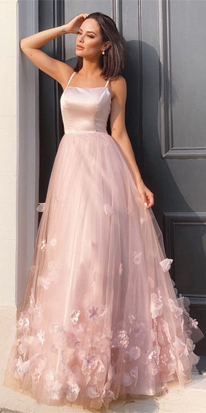 Spaghetti Long A-line Satin Tulle Floral Prom Dresses, Lovely Affordable Prom Dresses