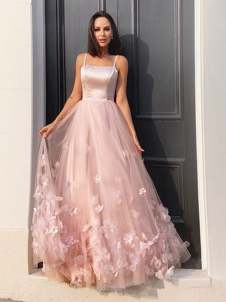 Spaghetti Long A-line Satin Tulle Floral Prom Dresses, Lovely Affordable Prom Dresses