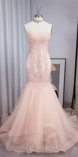Sweetheart Pink Tulle Lace Prom Dresses, Mermaid 2021 Prom Dresses, Long Prom Dresses