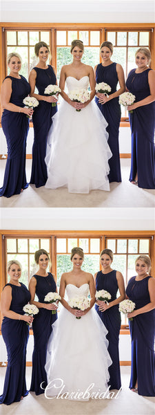 Sleeveless Navy Sheath Jersey Long Bridesmaid Dresses