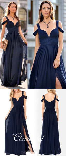 Off Shoulder A-line Navy Chiffon Long Bridesmaid Dresses