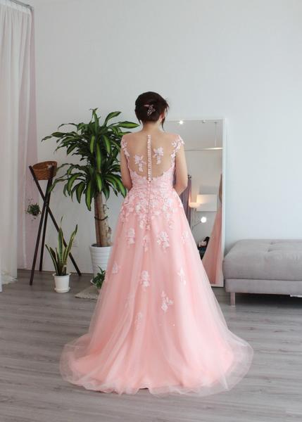 Cap Sleeves A-line Pink Lace Tulle Wedding Dresses, Bridal Gown