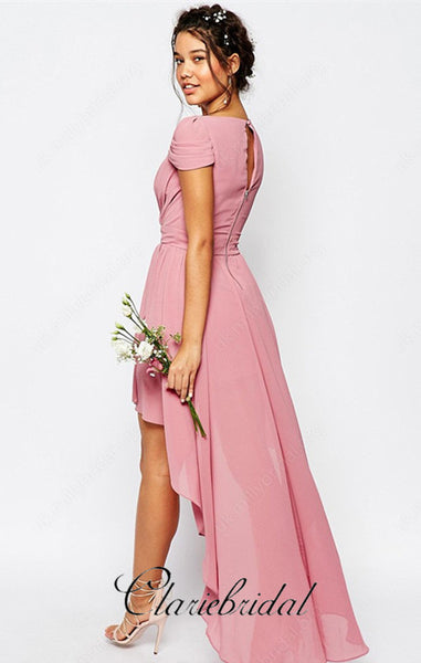 Cap Sleeve Hi-low Chiffon Long Bridesmaid Dresses