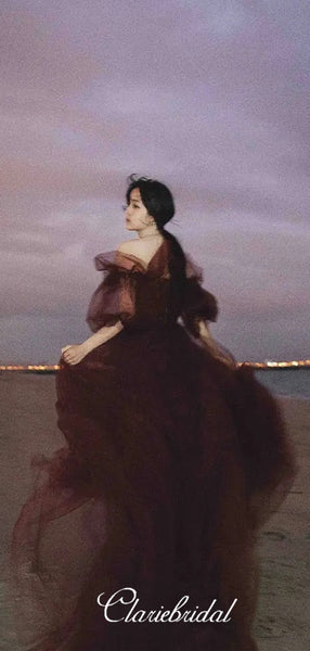 Off Shoulder Long A-line Prom Dresses, Maroon Tulle Prom Dresses, Fluffy Long Prom Dresses