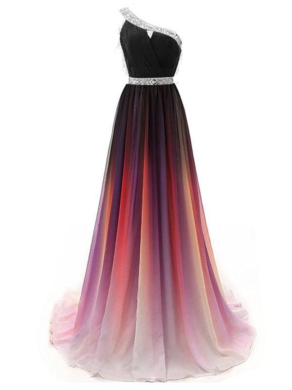 One Shoulder Beaded Gradient Chiffon Prom Dresses, Newest Prom Dresses, Prom Dresses