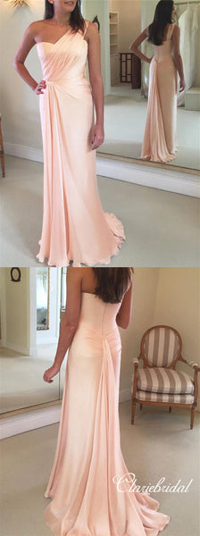 One Shoulder Peach Elastic Satin Elegant Long Bridesmaid Dresses