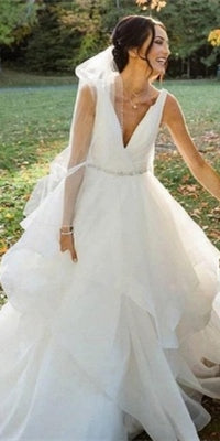 V-neck Long A-line Ivory Organza Wedding Dresses, Country Wedding Dresses, Newest Wedding Dresses