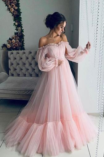 Off Shoulder Bubble Sleeved Prom Dresse, Lovely Prom Dresses, 2021 Prom Dresses, Popular Prom Dresses