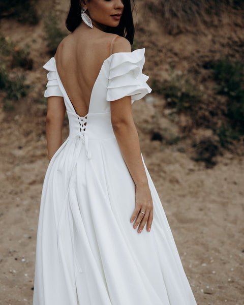 Off Shoulder Ruffled Ivory Satin Wedding Dresses, A-line Wedding Dresses, Affordable Wedding Dresses