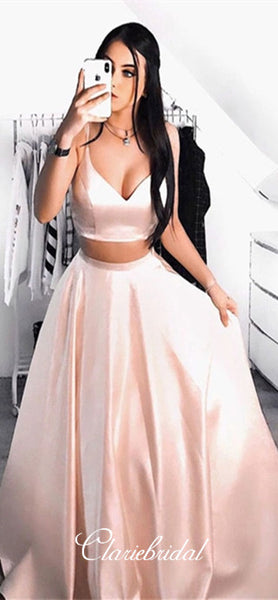 2 Pieces Pink Satin Prom Dresses, Simple A-line Prom Dresses, 2020 Prom Dresses, Long Prom Dresses