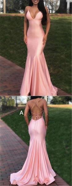 Spaghetti Long Mermaid Elastic Satin Prom Dresses, Cheap Prom Dresses, Prom Dresses