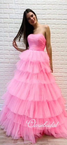Strapless Pink Layered Tulle Prom Dresses, Lovely Prom Dresses, Popular 2020 Prom Dresses