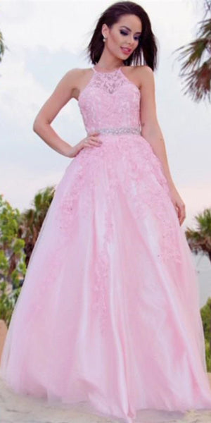 Halter Long A-line Pink Lace Beaded Waist Prom Dresses, Popular 2021 Prom Dresses