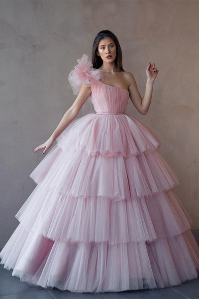 One Shoulder Pink Layers Tulle Prom Dresses, Ball Gown Prom Dresses, 2021 Prom Dresses, Popular Prom Dresses