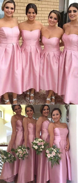 Sweetheart Long Hi-low Pink Satin Bridesmaid Dresses, Simple Bridesmaid Dresses, Long Bridesmaid Dresses