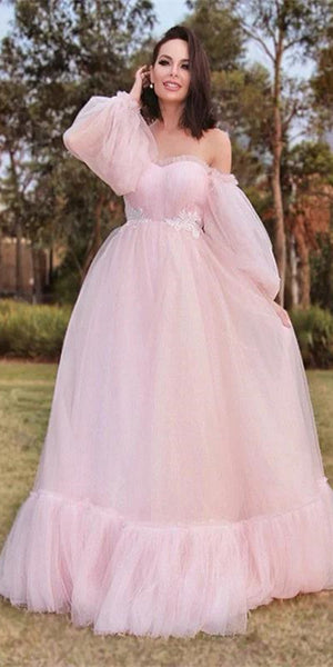 Sweetheart Pink Tulle A-line Prom Dresses, Lovely 2021 Prom Dresses, Long Prom Dresses