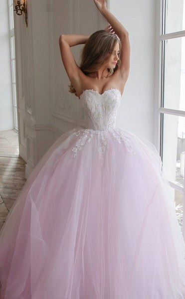 Sweetheart Long A-line Lace Tulle Wedding Dresses, Pink Wedding Dresses, Lovely 2020 Wedding Dresses