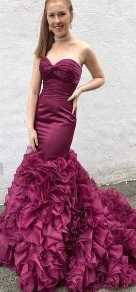 Sweetheart Long Mermaid Plum Satin Organza Prom Dresses, Long Prom Dresses, 2020 Prom Dresses