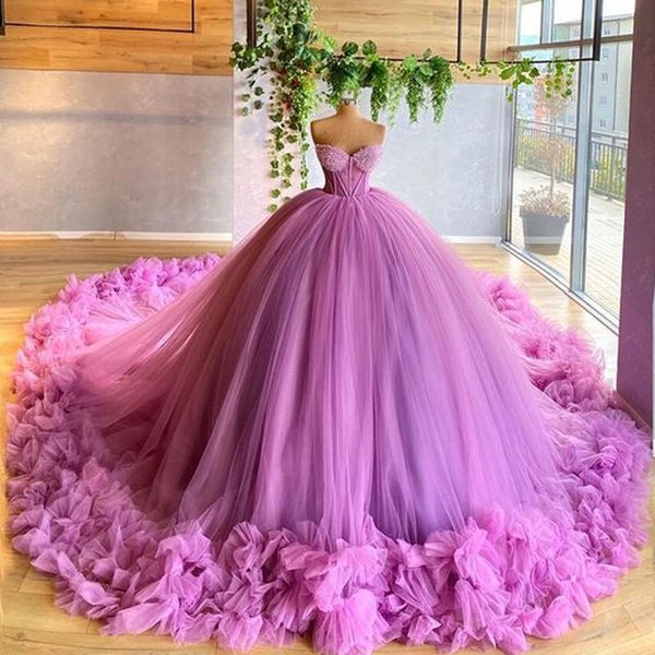 Sweetheart Long Ball Gown Purple Tulle Prom Dresses, Lovely Prom Dresses, Princess Evening Dresses