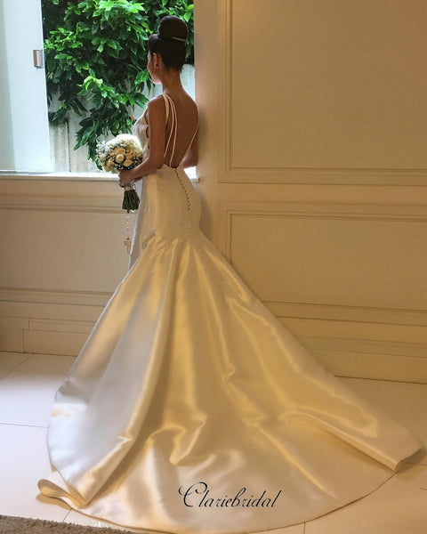 Mermaid Open Back Stain Wedding Dresses, Popular Simple Bridal Gowns, Wedding Dresses